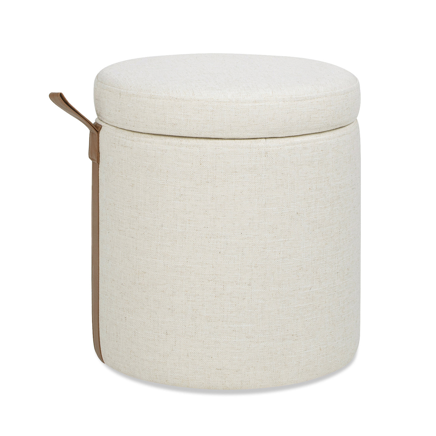 Brandy 14" Round Upholstered Storage Ottoman with Leather Accent