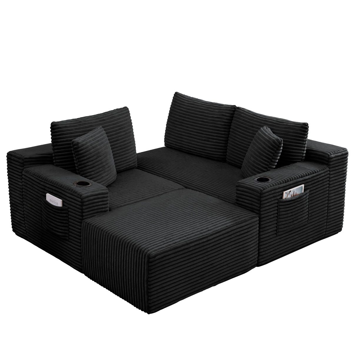 L-Shaped Sectional Sofa with Ottoman, Corduroy 3-Seat Couch for Living Room