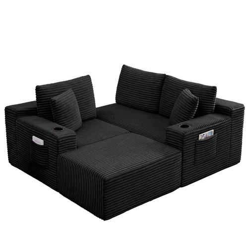 L-Shaped Sectional Sofa with Ottoman, Corduroy 3-Seat Couch for Living Room