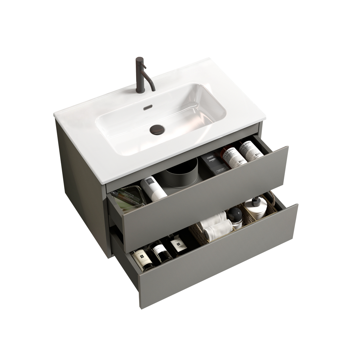 TIA 30-Inch Wall Mount Bathroom Vanity, Gray, Ceramic Sink with Soft-Close Drawers