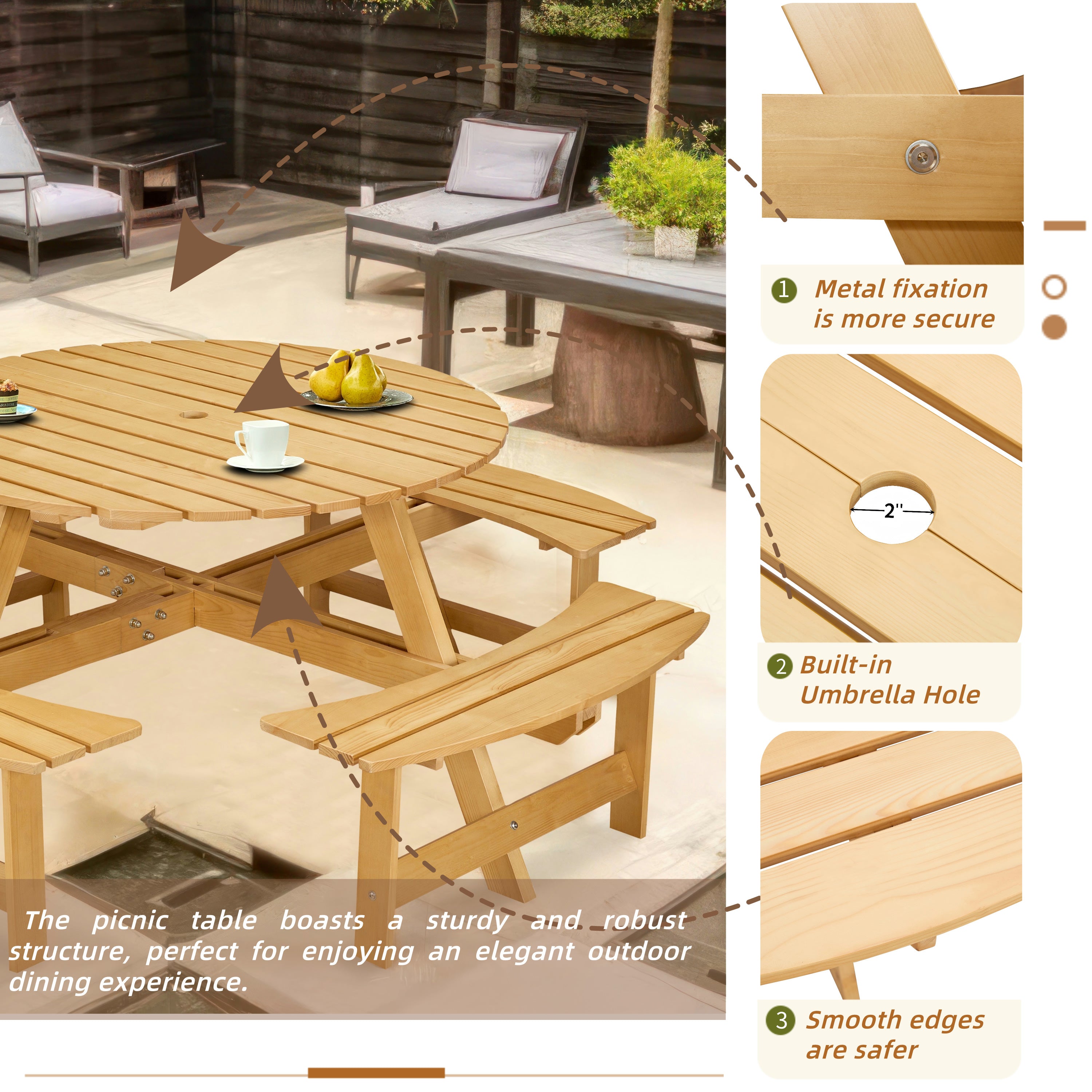 Outdoor 8 Person Picnic Table with Umbrella Hole