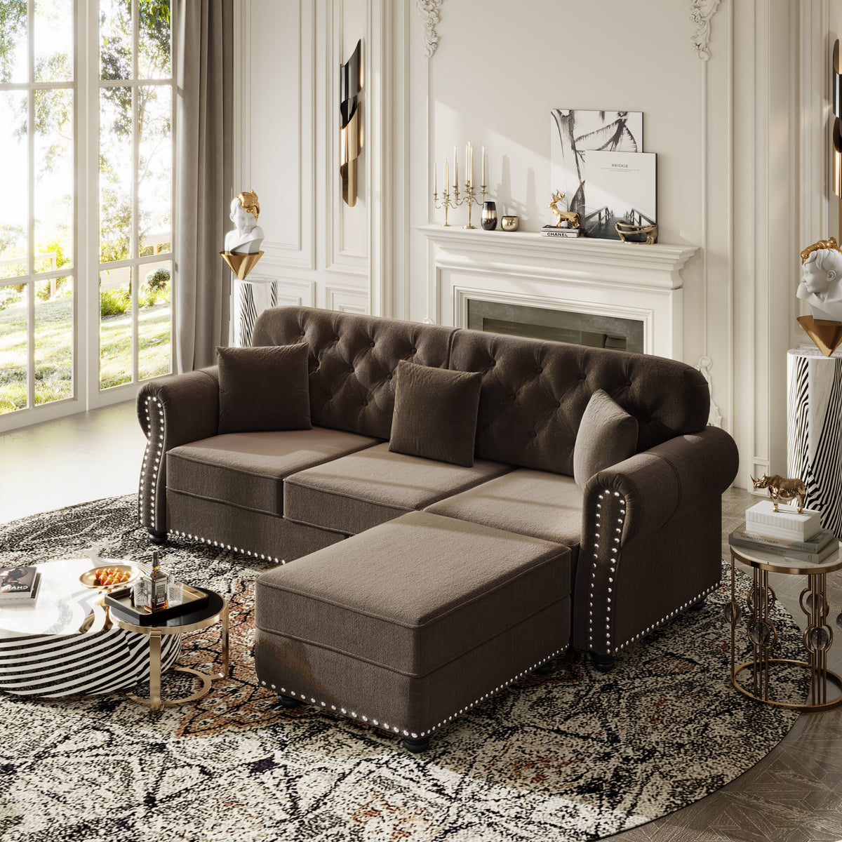 Upholstered Velvet Sofa with Nailhead Trim and Ottoman