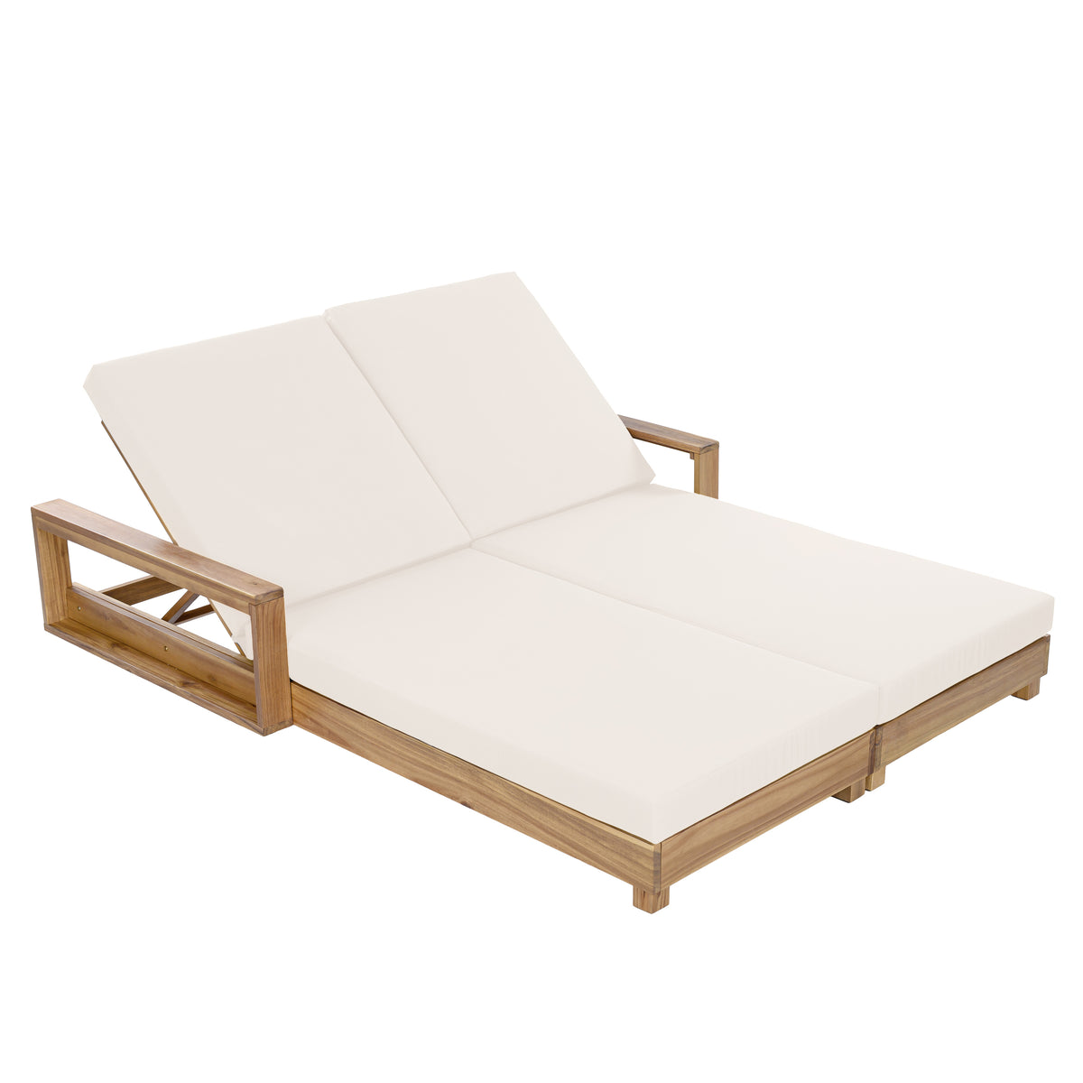 Double Acacia Wood Chaise Lounge Set, 1 Double Recliner with 2 Pieces 2-Fold