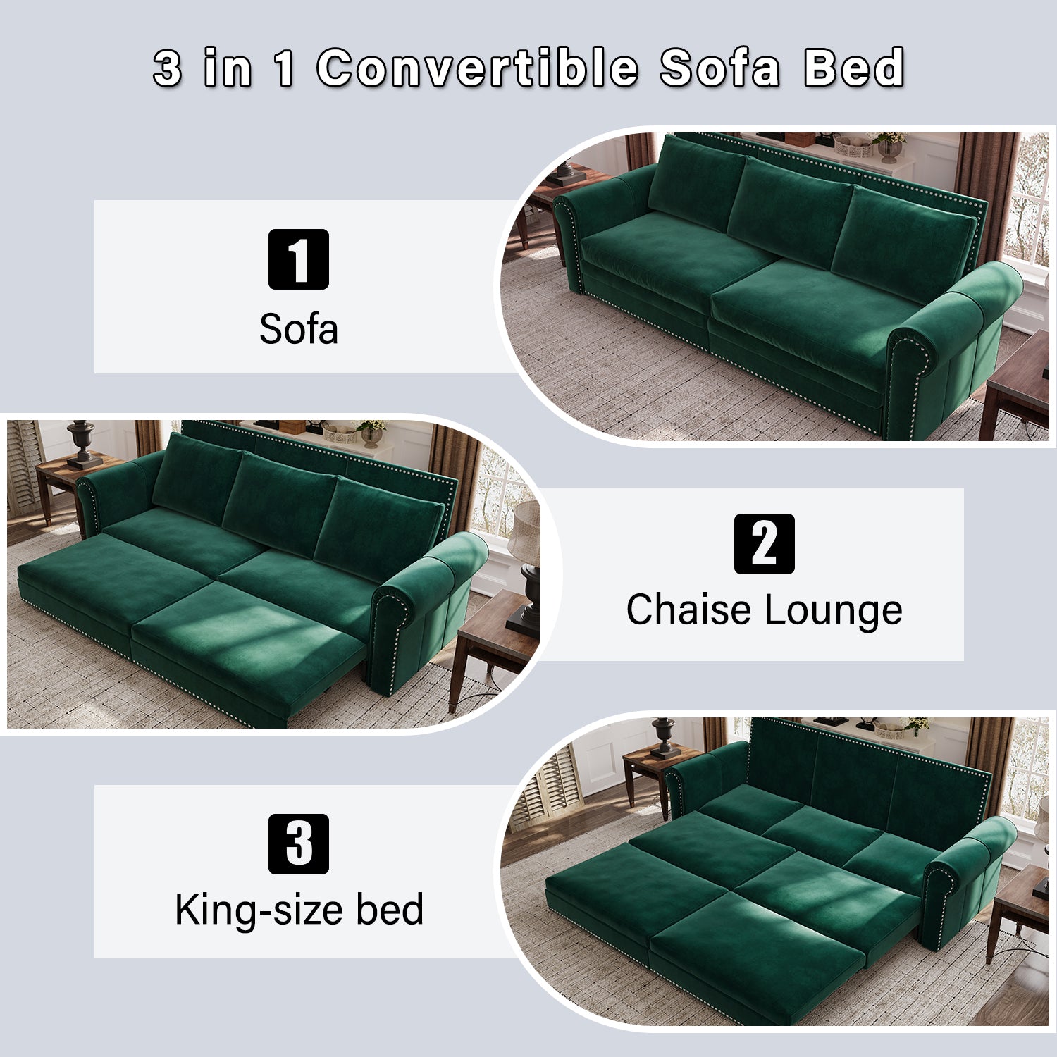 Chesterfield 3-in-1 Velvet Convertible Sleeper Sofa Bed