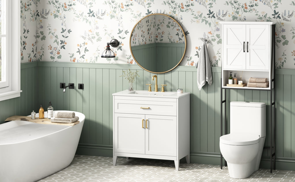 30-Inch Bathroom Vanity with Ceramic Sink, Soft-Close Doors, White