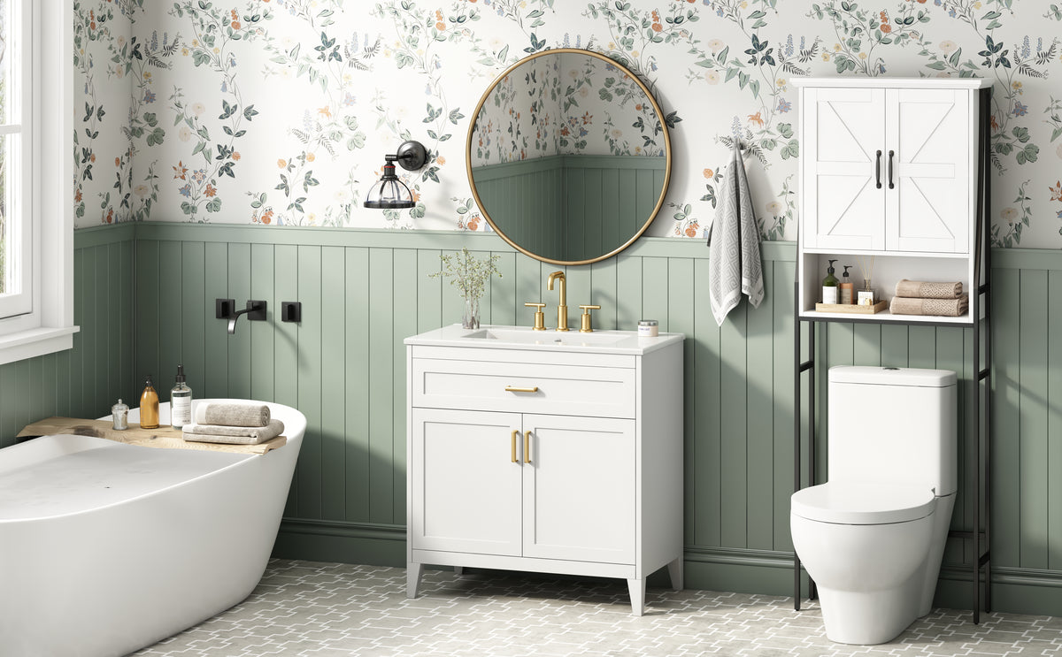 30-Inch Bathroom Vanity with Ceramic Sink, Soft-Close Doors, White