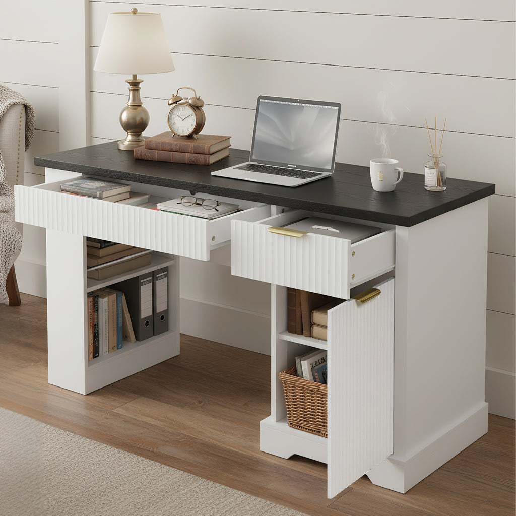 55" Modern Fluted Office Desk with Storage Cabinet & Drawers