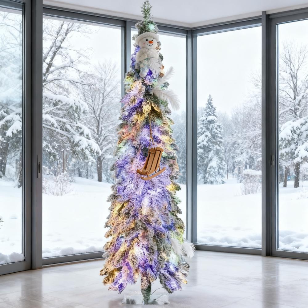Downswept Shape Artificial Christmas Tree, 6-Foot Slim, Snow-Frosted, Prelit LED