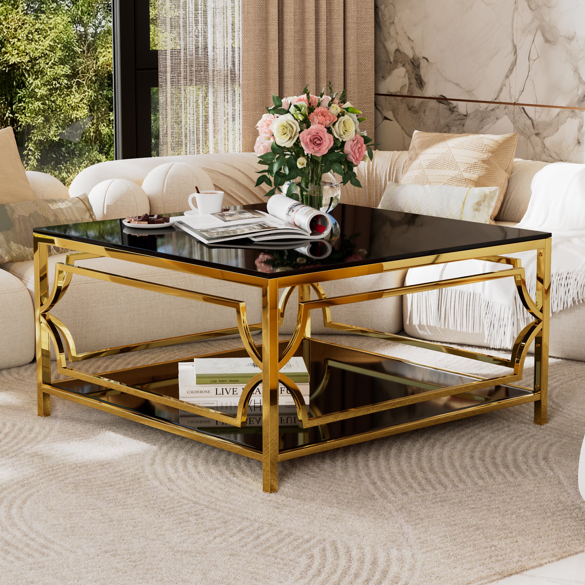 Square Glass Coffee Table in 33.5" with Luxurious Geometric Metal Frame