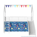 Jack Metal Junior House Twin Loft Bed with Slide and Curtain Set