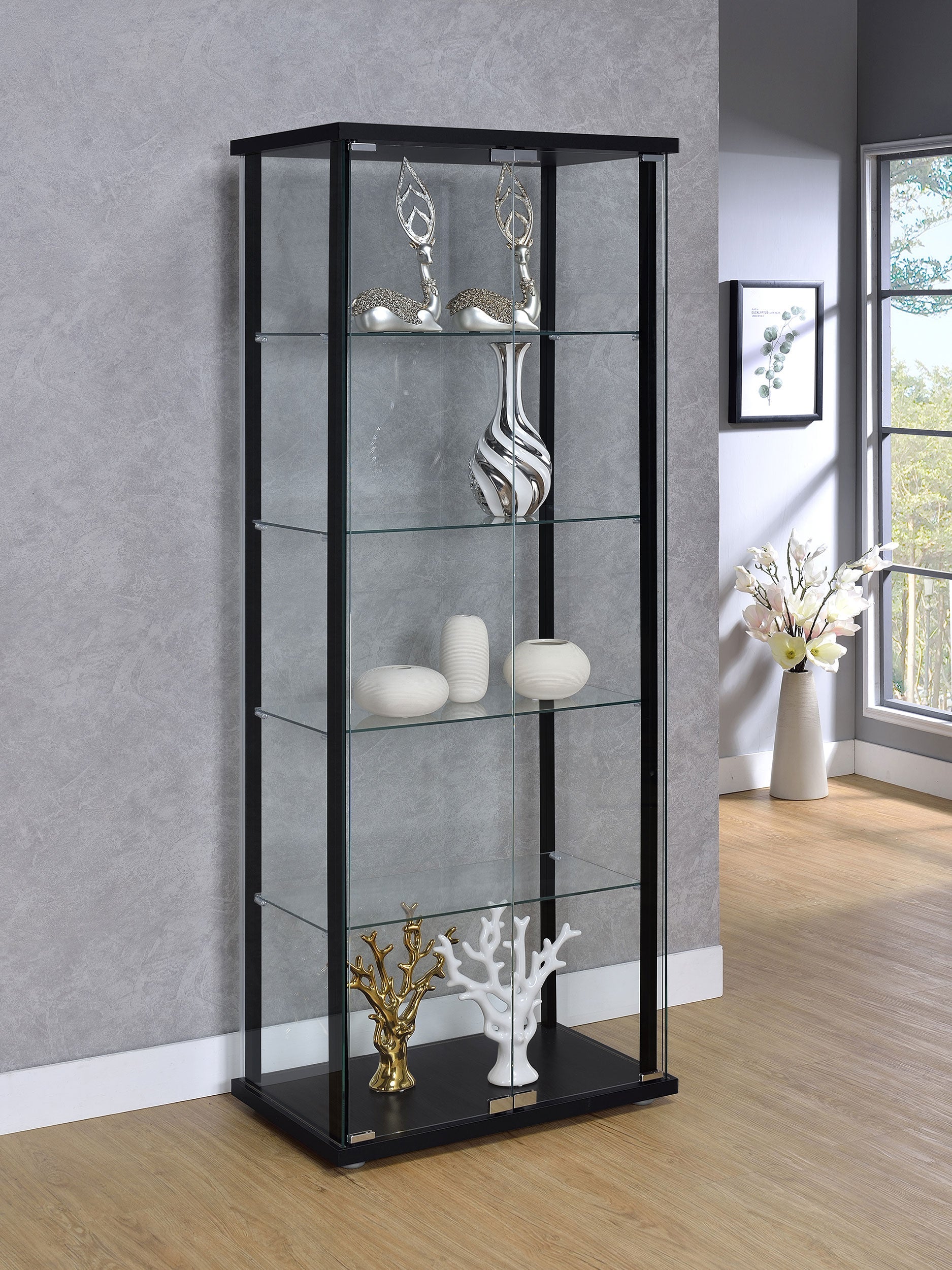 Delphinium 4-Shelf Clear Glass Curio Display Cabinet Black-CoasterEveryday