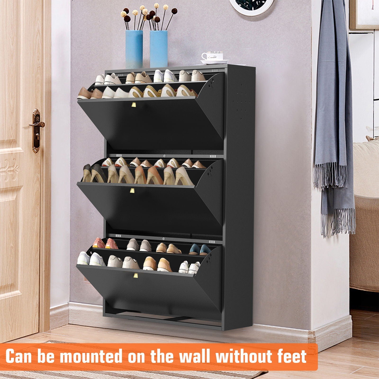 3 Drawer All Steel Shoe Cabinet, Freestanding Storage Organizer With Flip Door