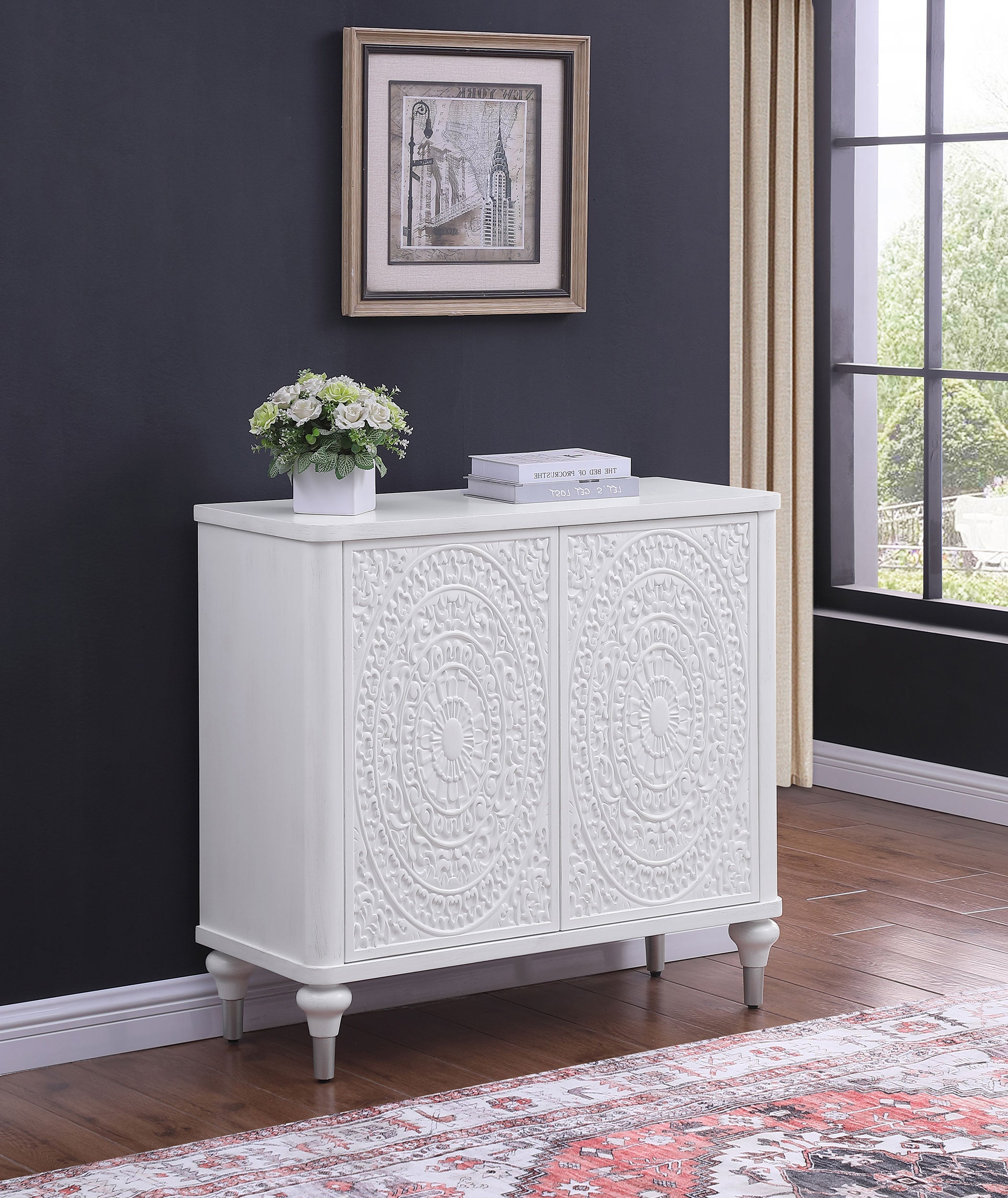 Cardella 2-door Mandala Accent Cabinet Distressed White-