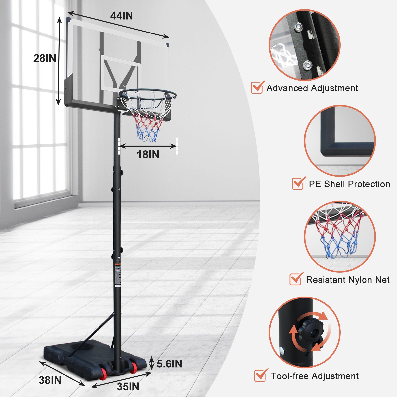 Basketball Hoop 5.73-10FT Height Adjustable