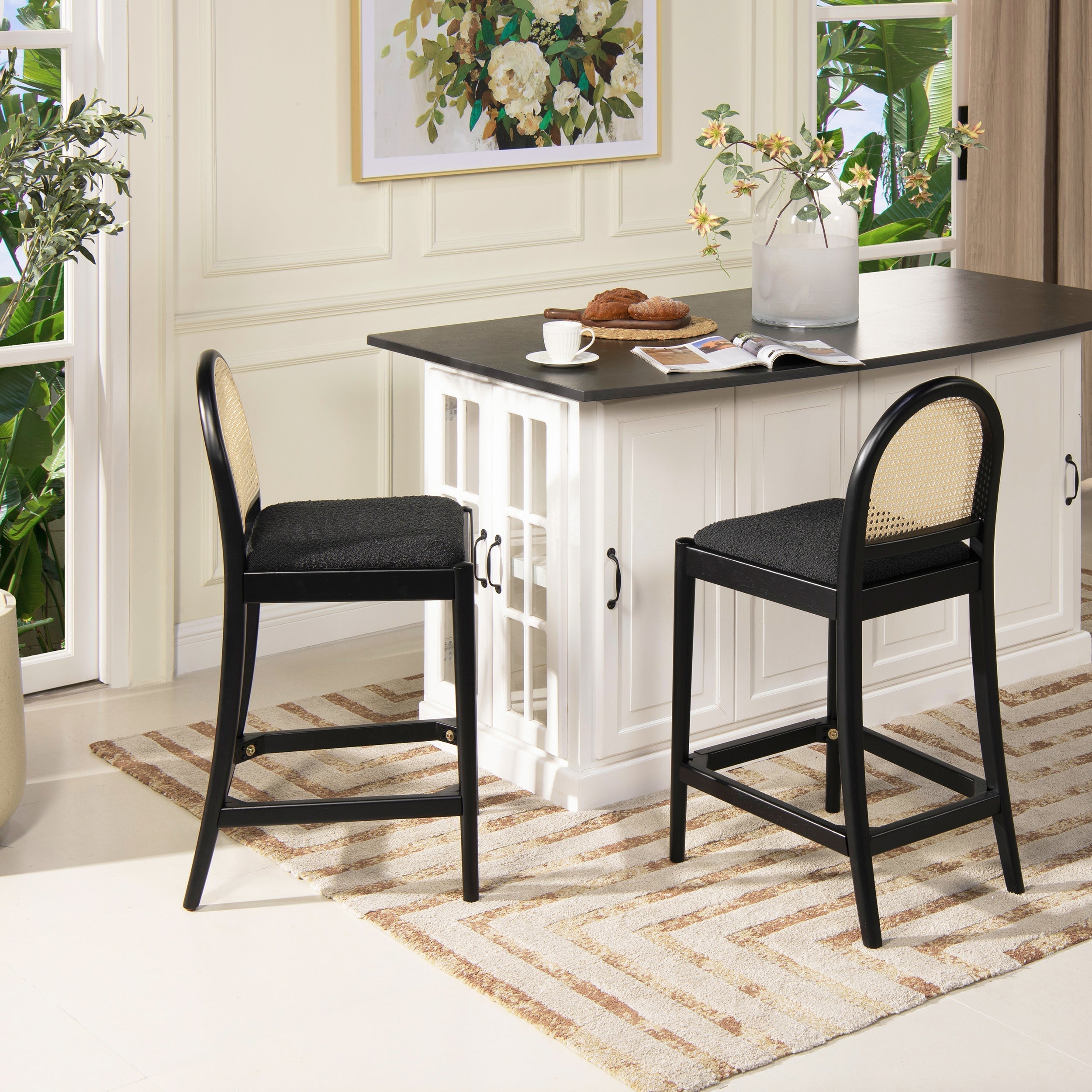 Arlin Upholstered Stool with Curved Back and Footrest - Set of 2