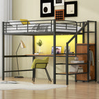 Full Size Metal Loft Bed with Desk, Storage Staircase, Small Wardrobe and LED Light