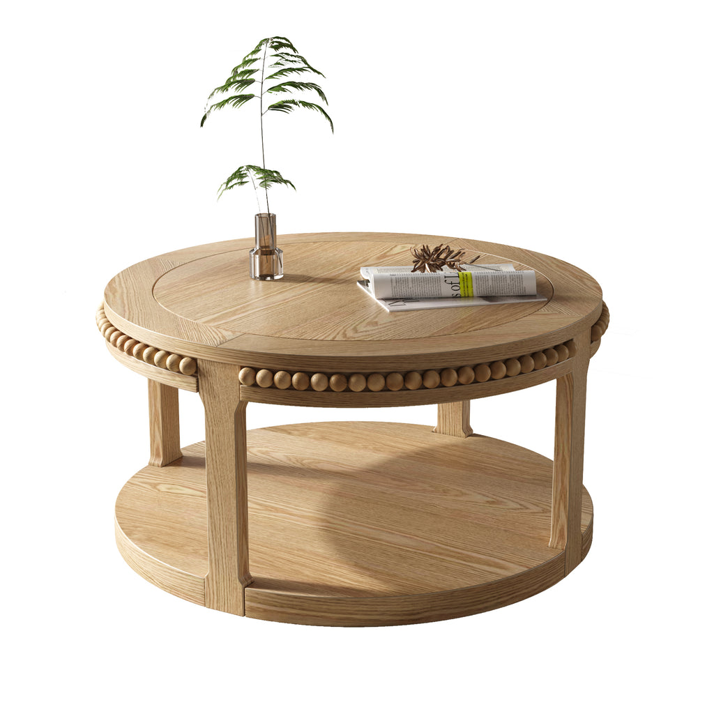 Round Solid Wood Coffee Table, 31.5 Inch, Two-Tier, Natural Wood