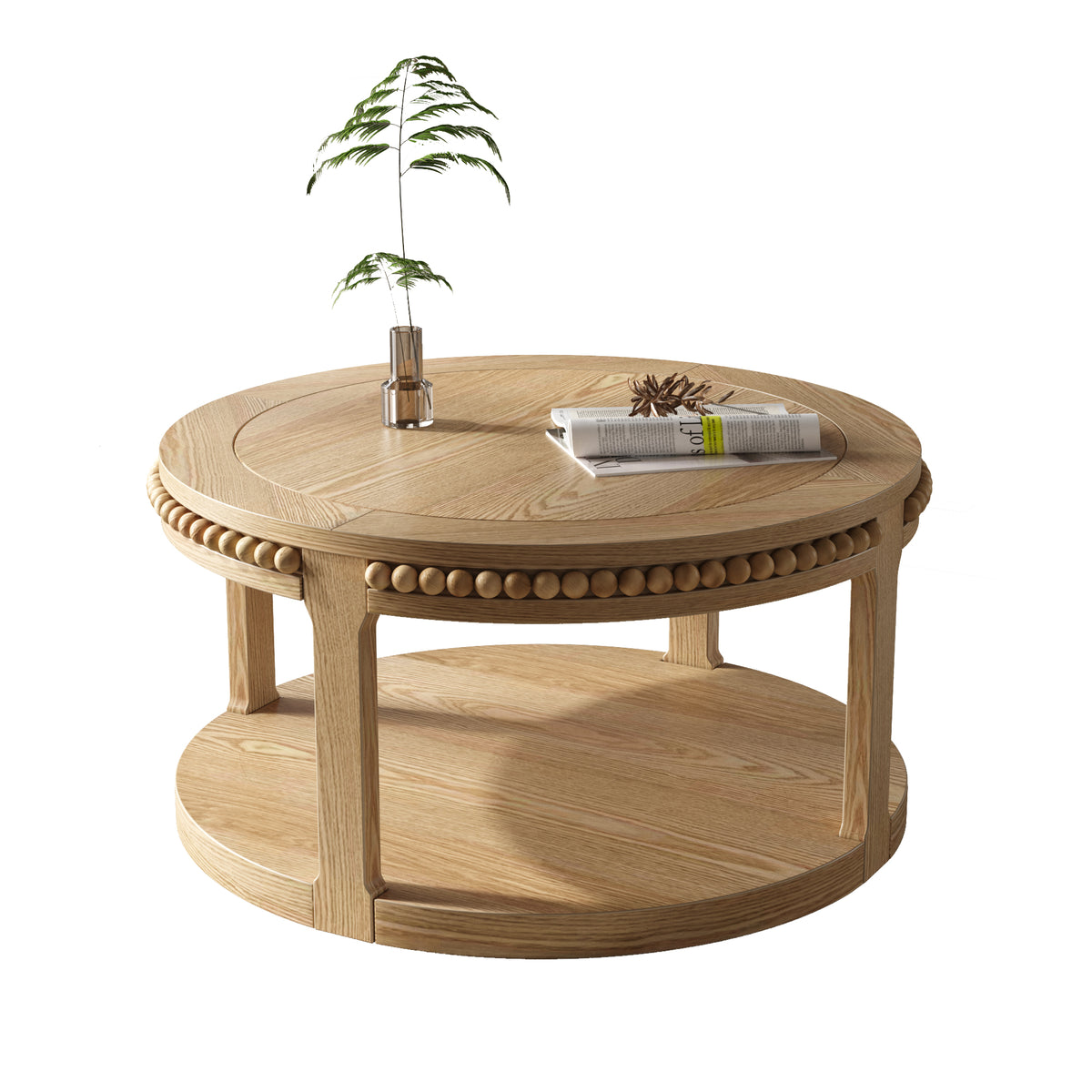 Round Solid Wood Coffee Table, 31.5 Inch, Two-Tier, Natural Wood