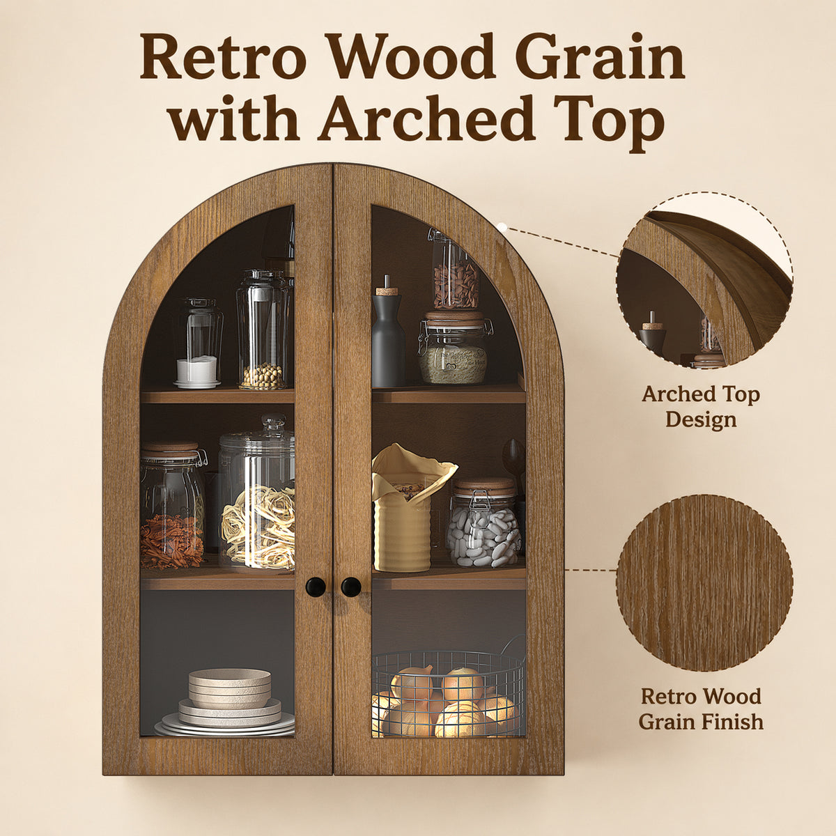 Arched Wall Mounted Cabinet, Wood Veneer with Tempered Glass Doors, Walnut Brown