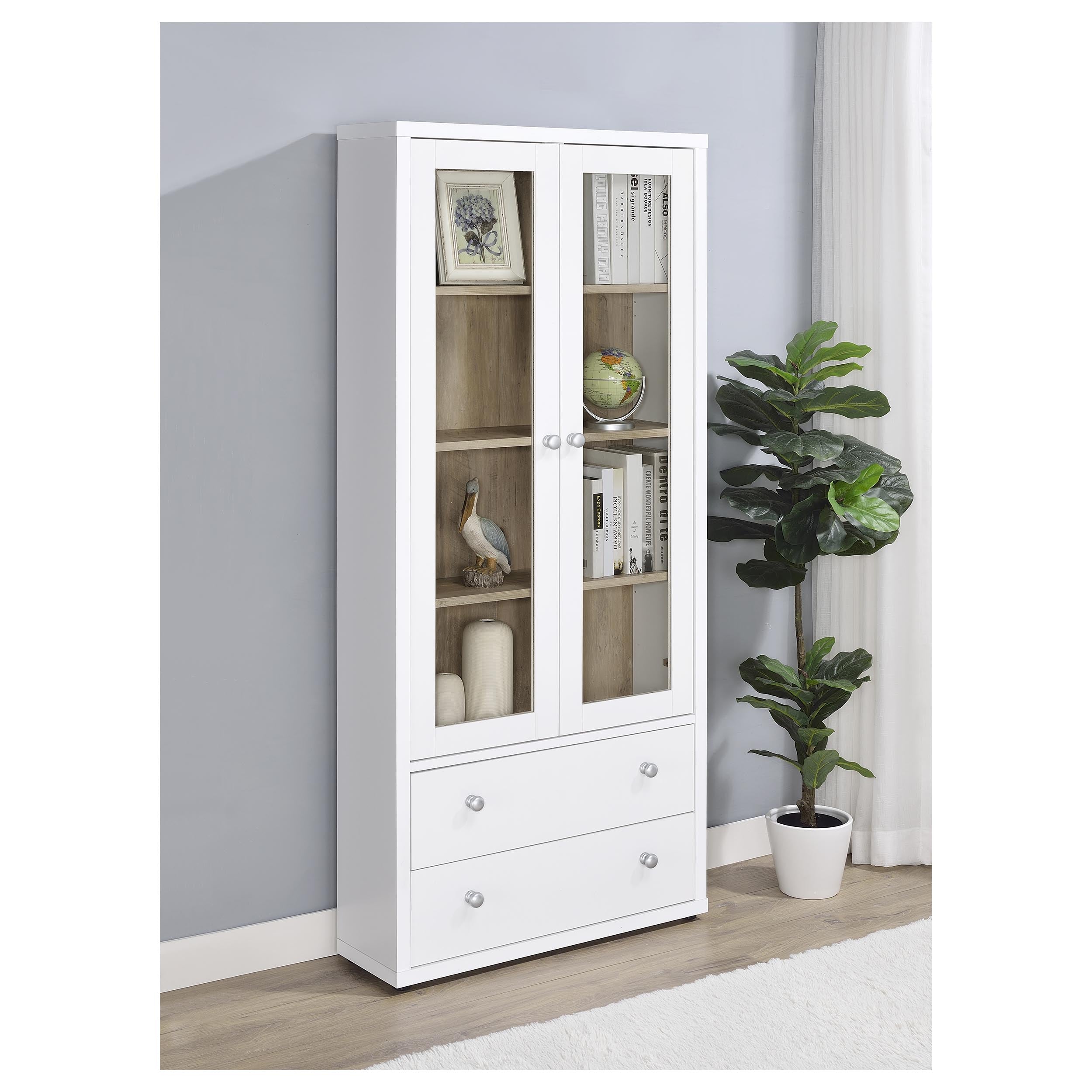 Hawthorne 4-shelf Glass Door Tall Cabinet with Drawers White-
