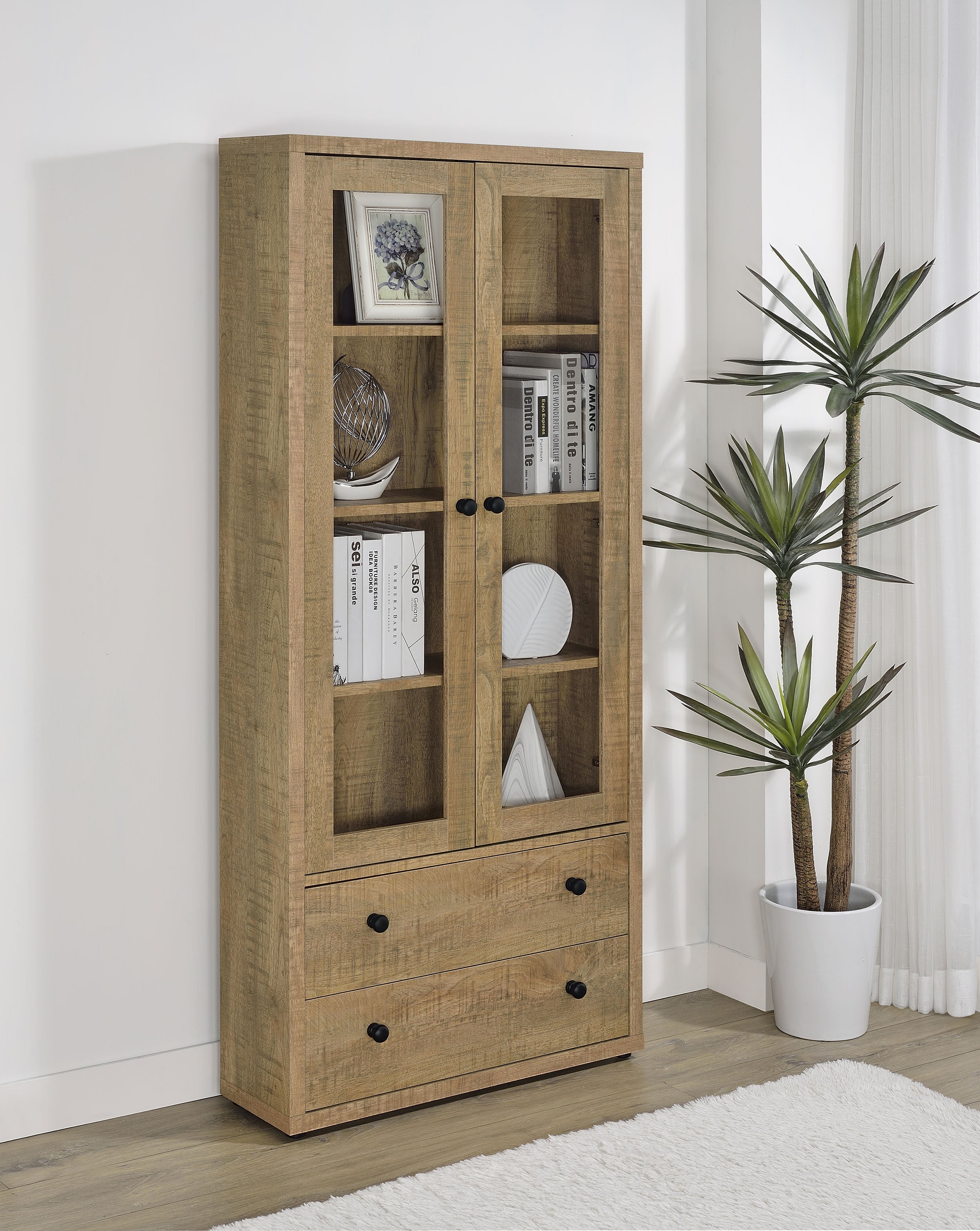 Hawthorne 4-shelf Glass Door Tall Cabinet with Drawers Mango-