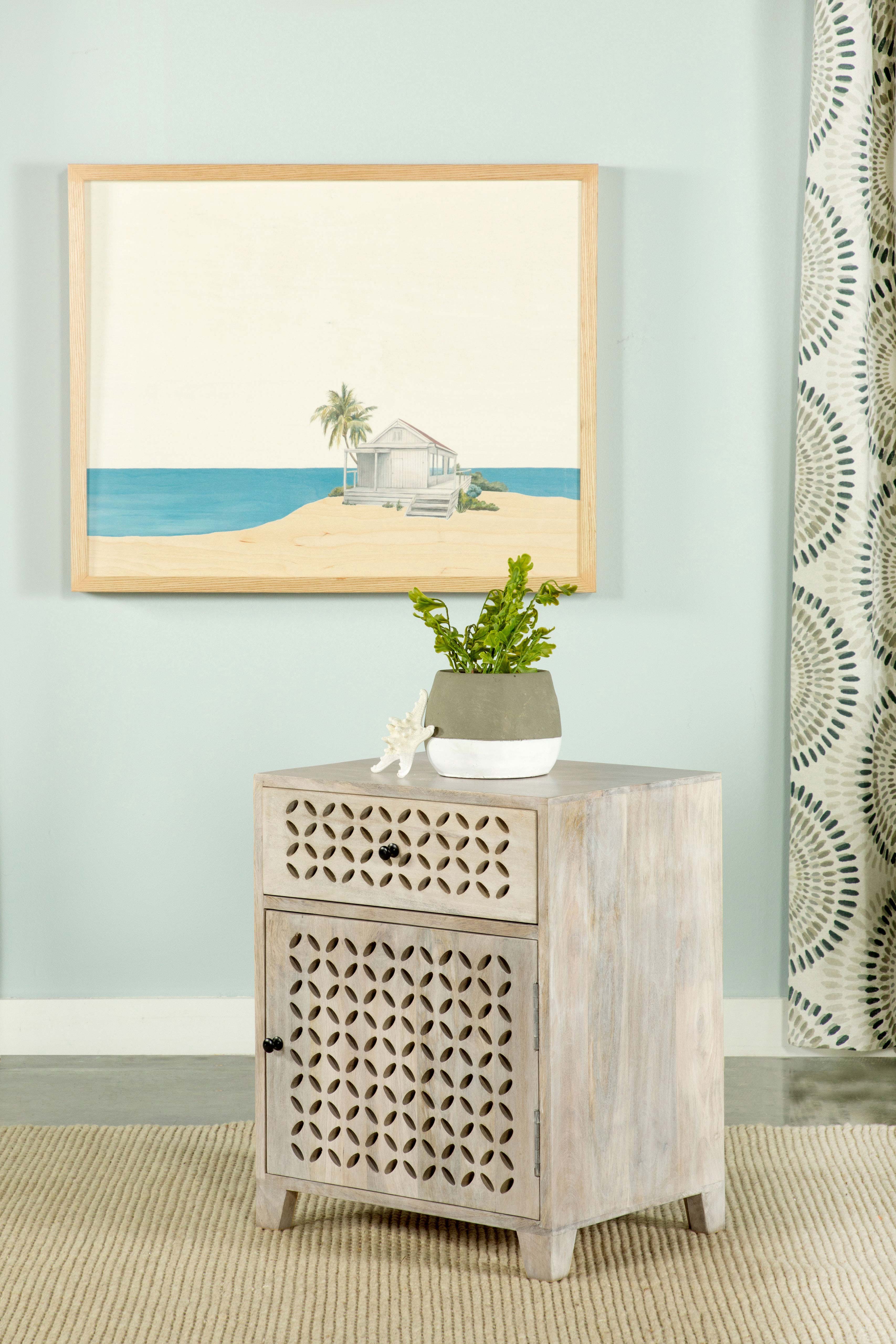 August 1-drawer Trellis Pattern Storage Cabinet White Washed-CoasterEssence