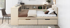 Wood Full Size Platform Bed with Storage Shelves, Drawers, Charging Station and Upholstered Headboard