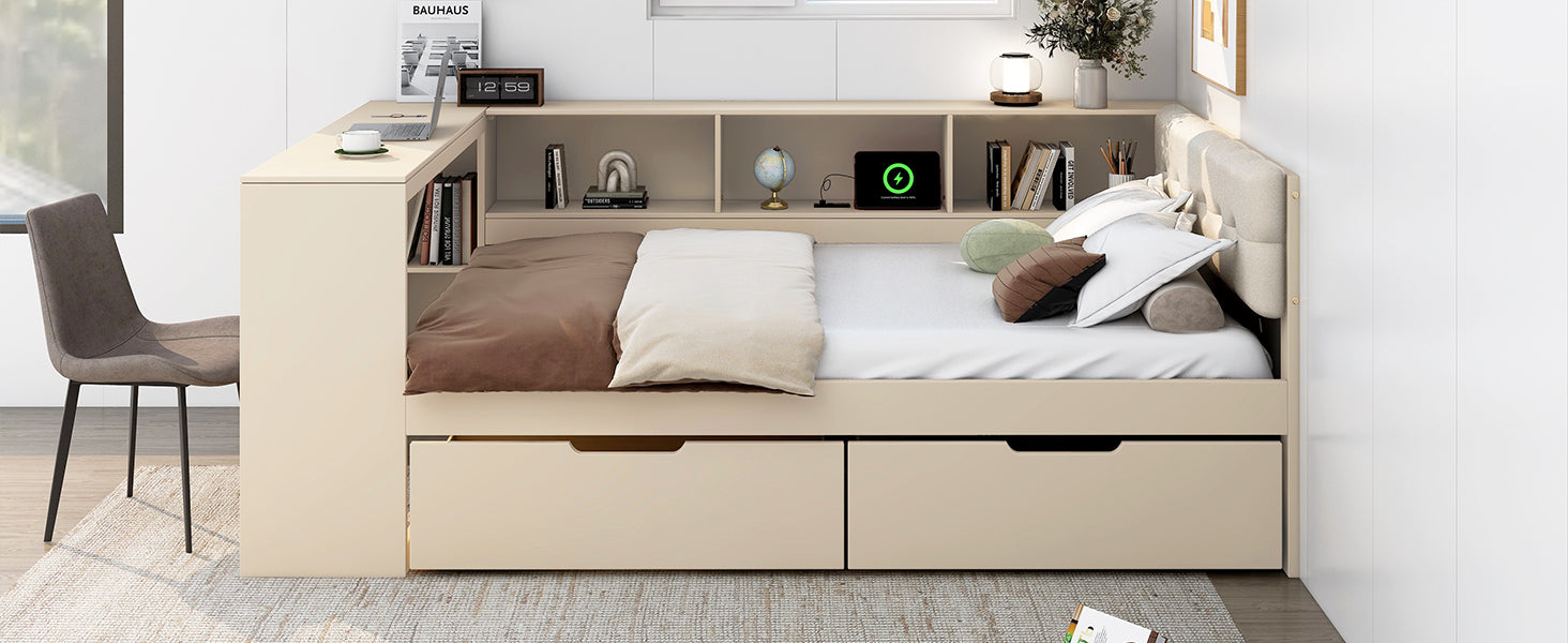Wood Full Size Platform Bed with Storage Shelves, Drawers, Charging Station and Upholstered Headboard