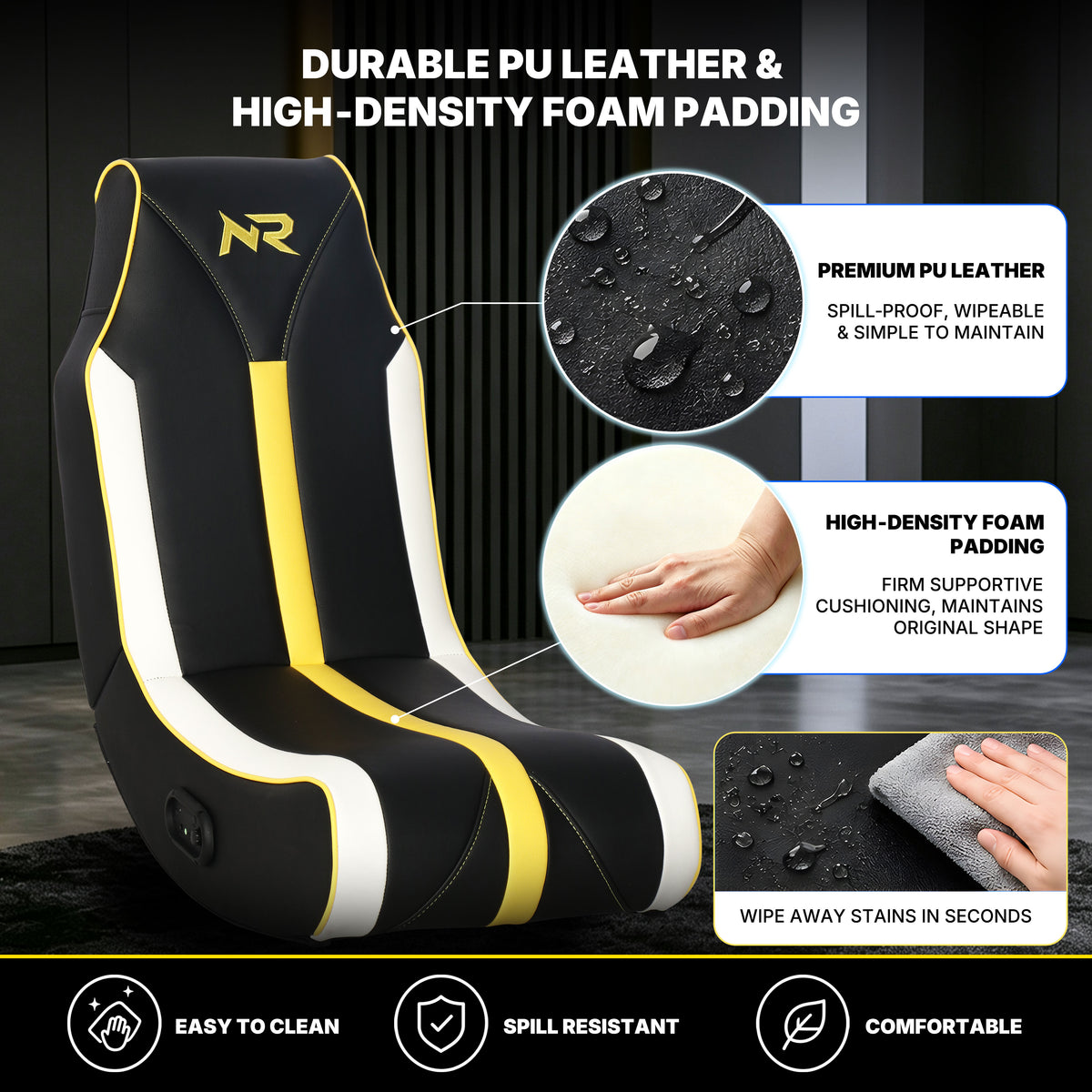 NoxRoc Floor Rocker Gaming Chair with Built-In 2.0 Speakers, Black and Yellow