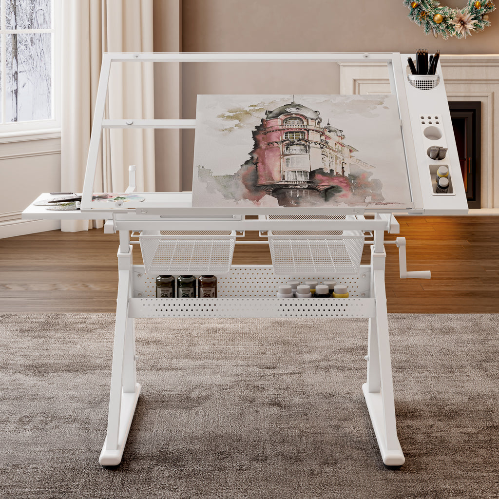 Hand Crank Adjustable Tempered Glass Drafting Table