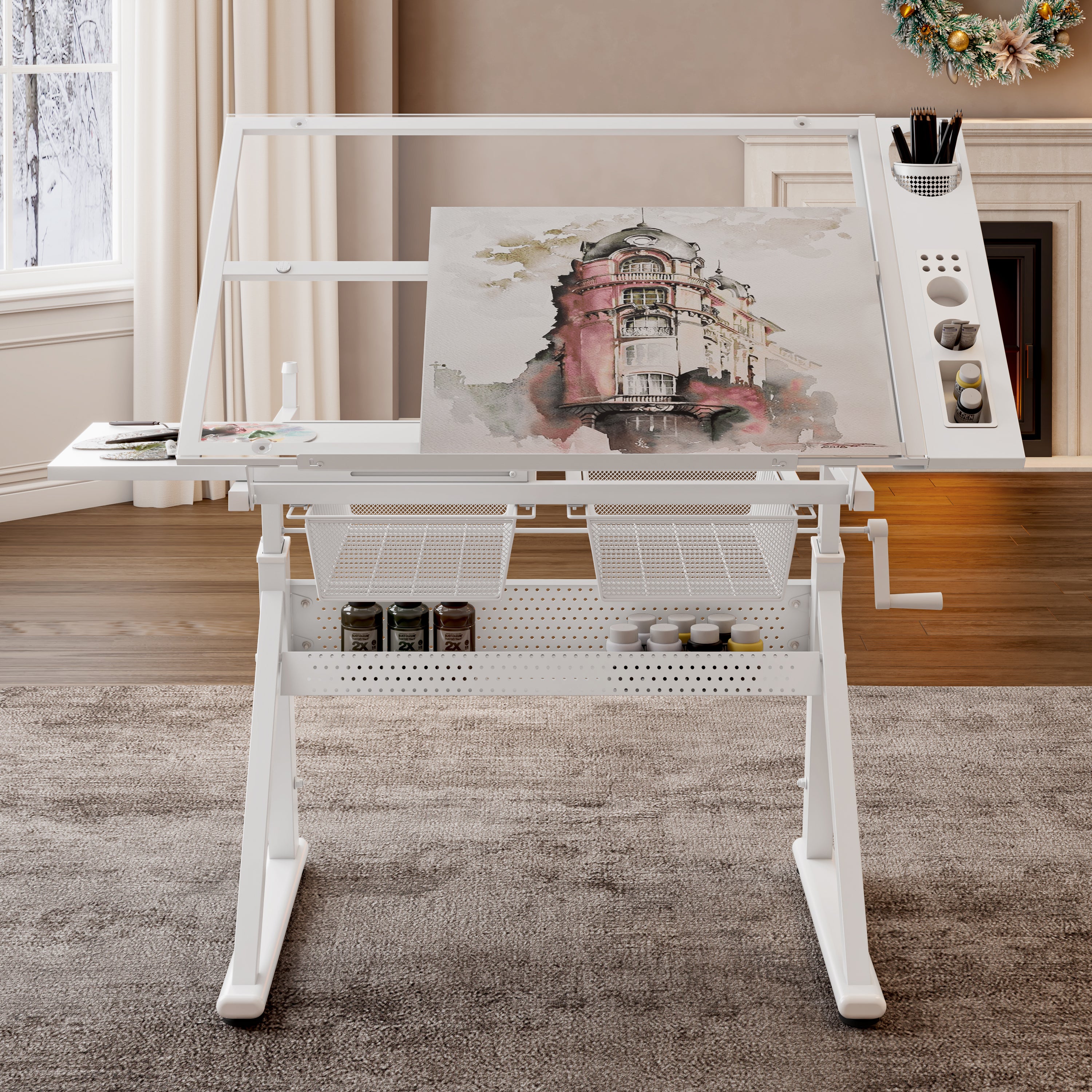 Hand Crank Adjustable Tempered Glass Drafting Table