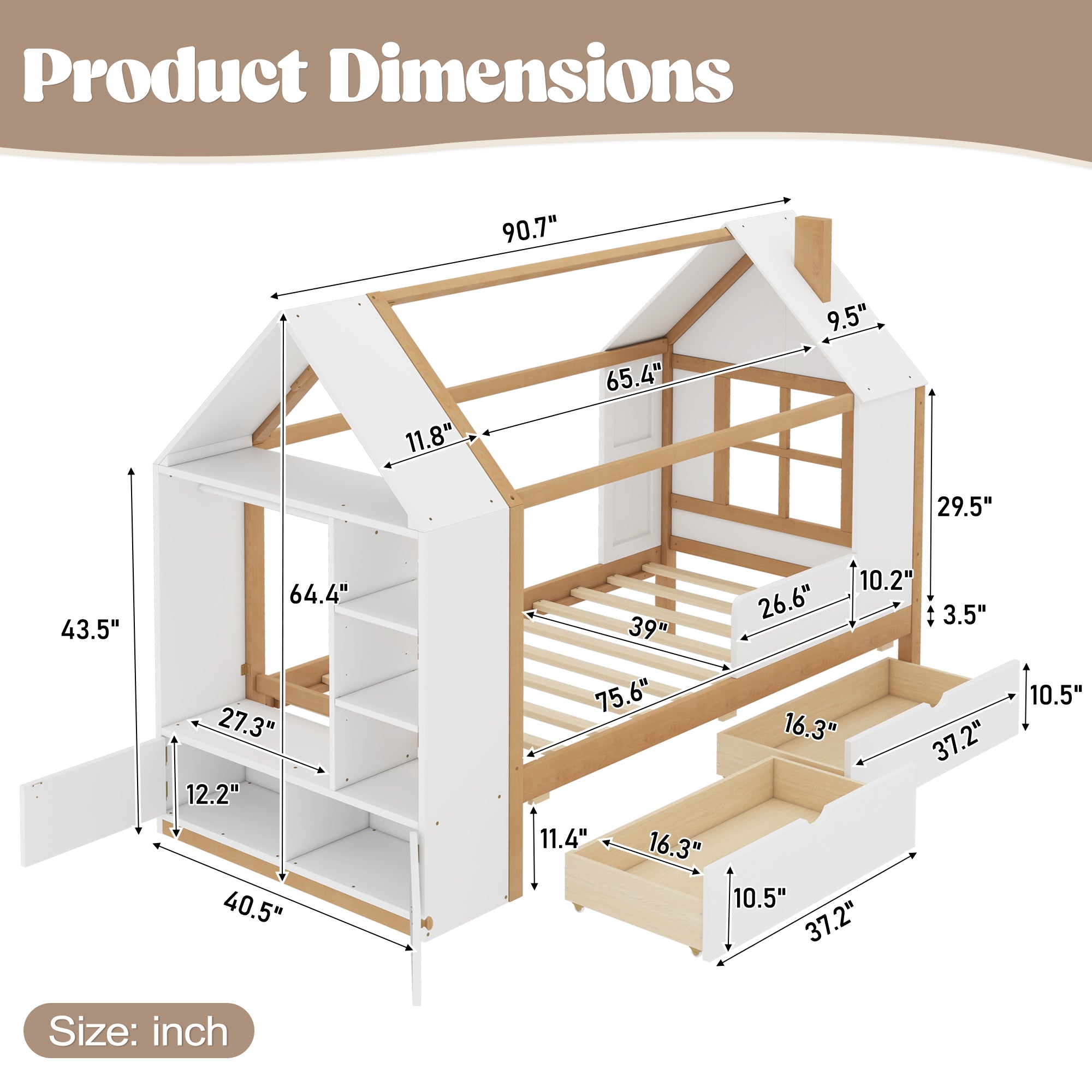 Twin Size House Platform Bed with Drawers and Shelves