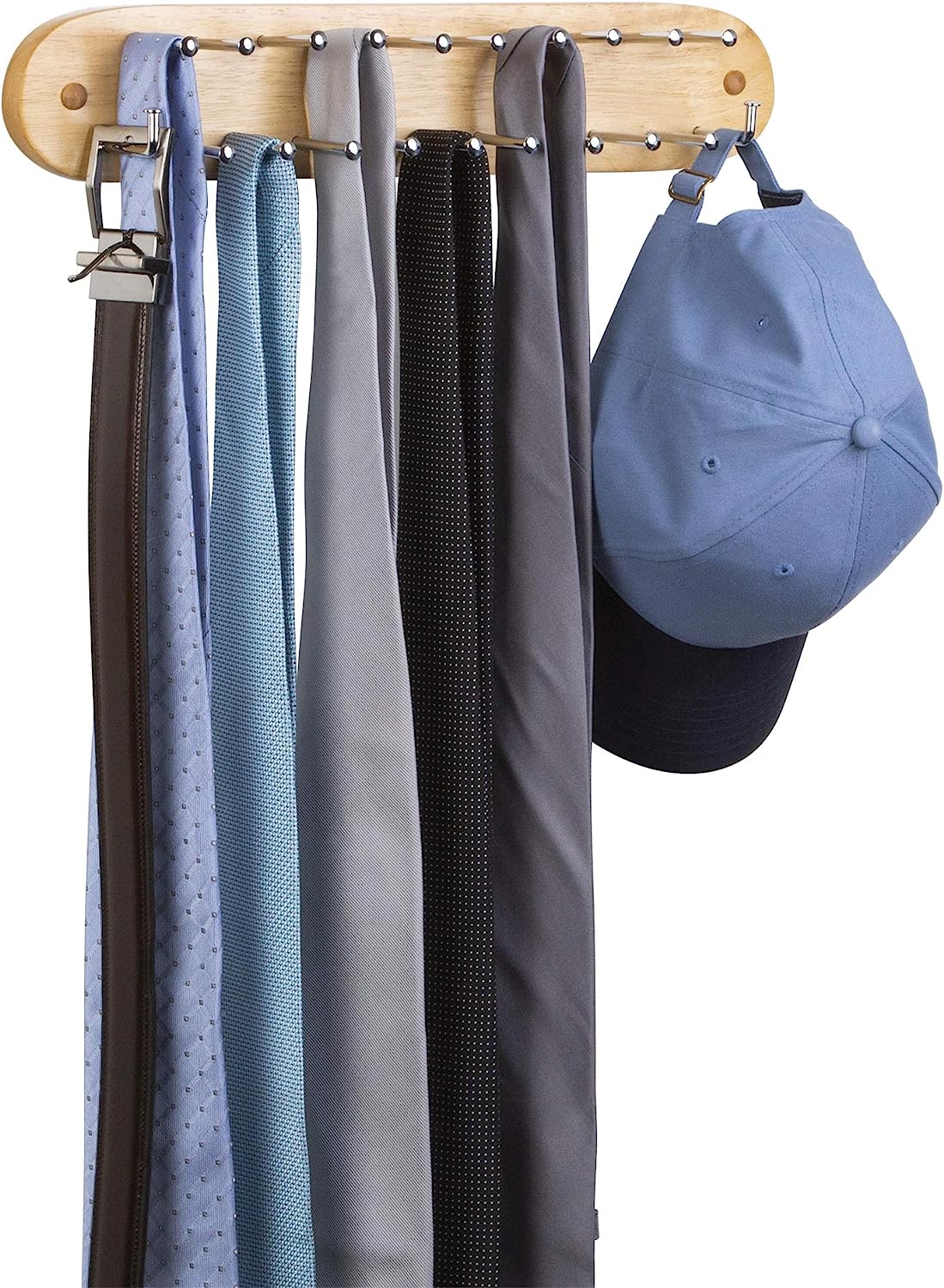 Wall Mounted Tie, Belt and Scarf Hanger, Holds Up to 21-Ties, Natural Wood