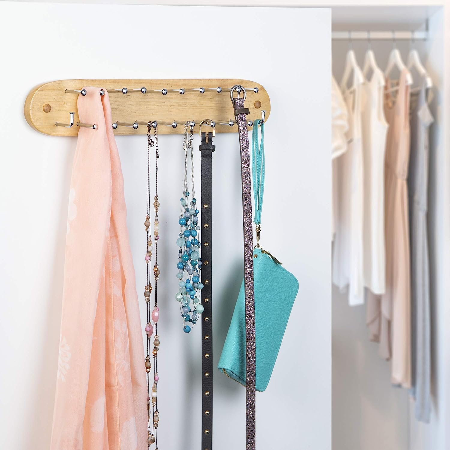 Wall Mounted Tie, Belt and Scarf Hanger, Holds Up to 21-Ties, Natural Wood