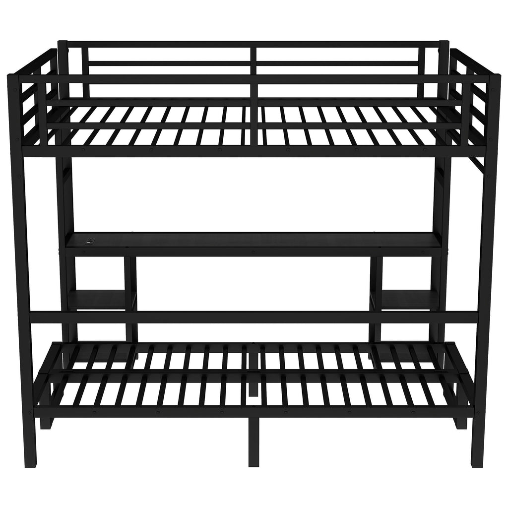 Queen Over Twin XL Metal Bunk Bed with Desk and Shelves