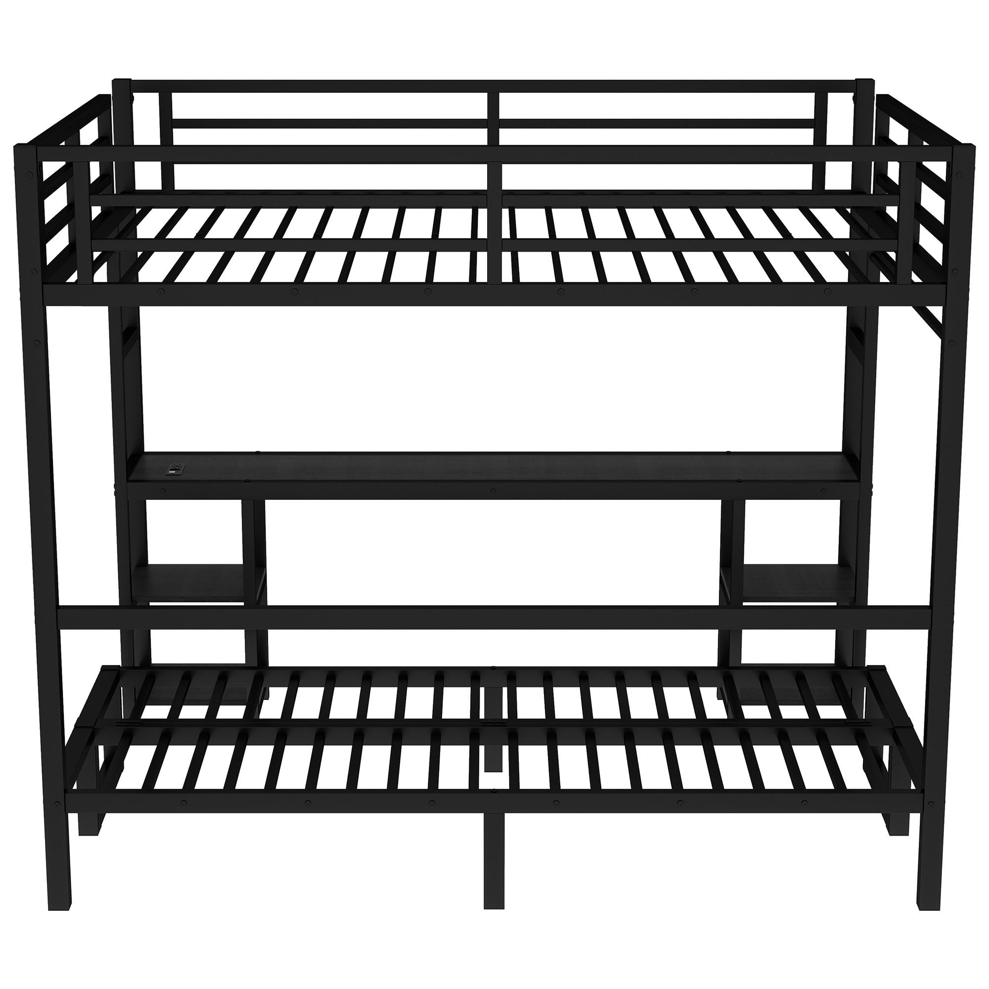 Queen Over Twin XL Metal Bunk Bed with Desk and Shelves