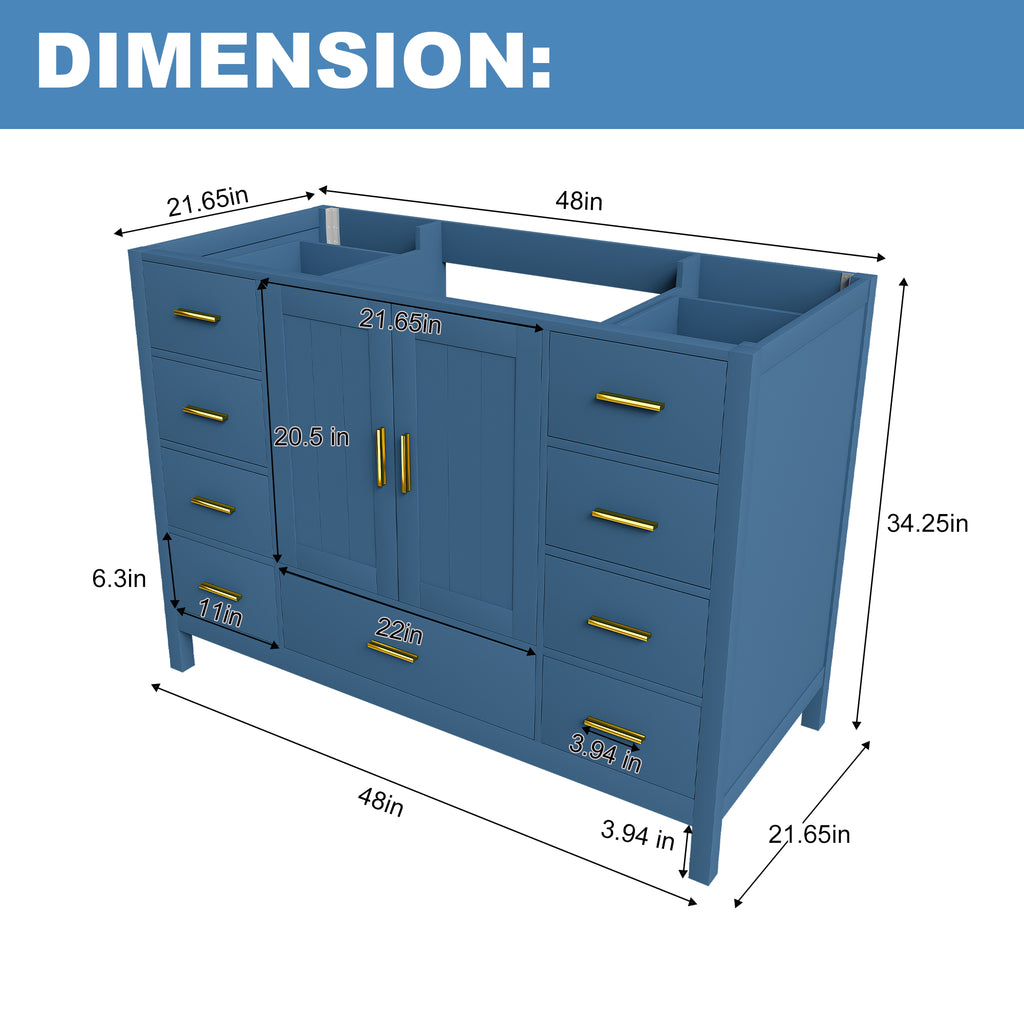 48" Bathroom Vanity Base Cabinet with 2 Soft-Close Double Doors & 9 Smooth Drawers