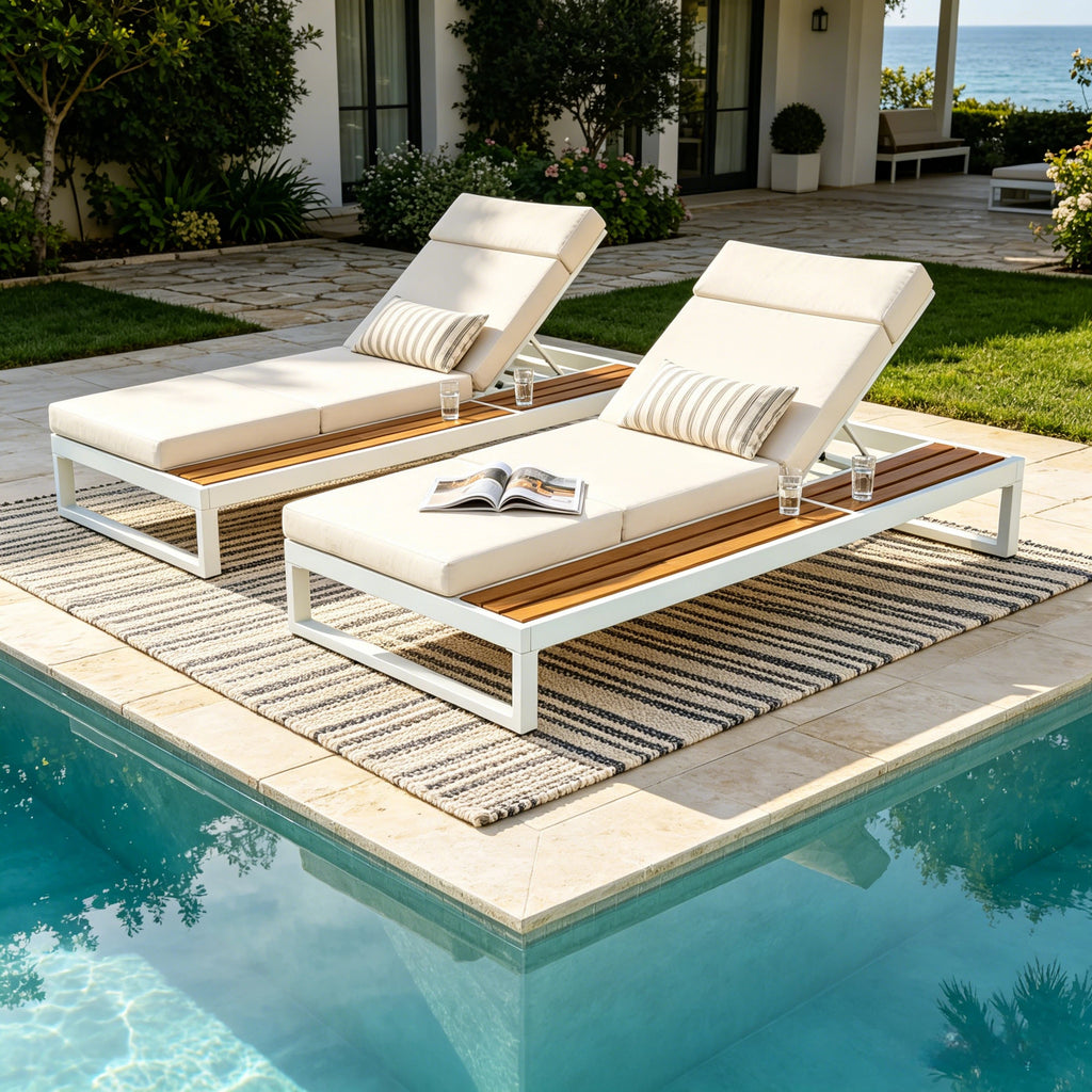 White Iron & Teak Finish Chaise Lounge Set