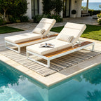 White Iron & Teak Finish Chaise Lounge Set