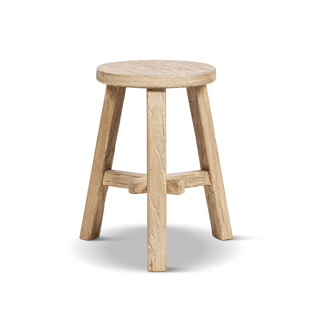Linden Round Elm Wood Stool, 15.5-Inch, Light Natural Brown