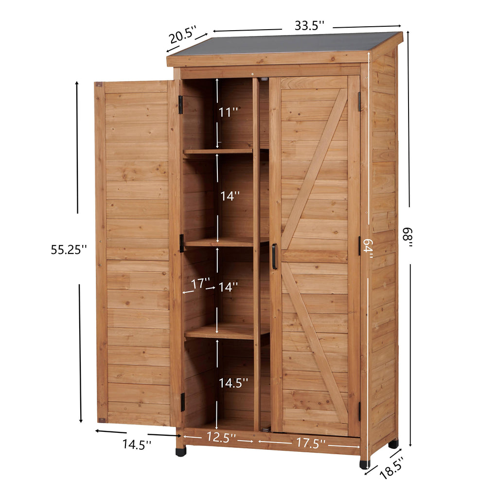 Outdoor Wooden Storage Shed with Metal Top Tall Vertical Tool Cabinet