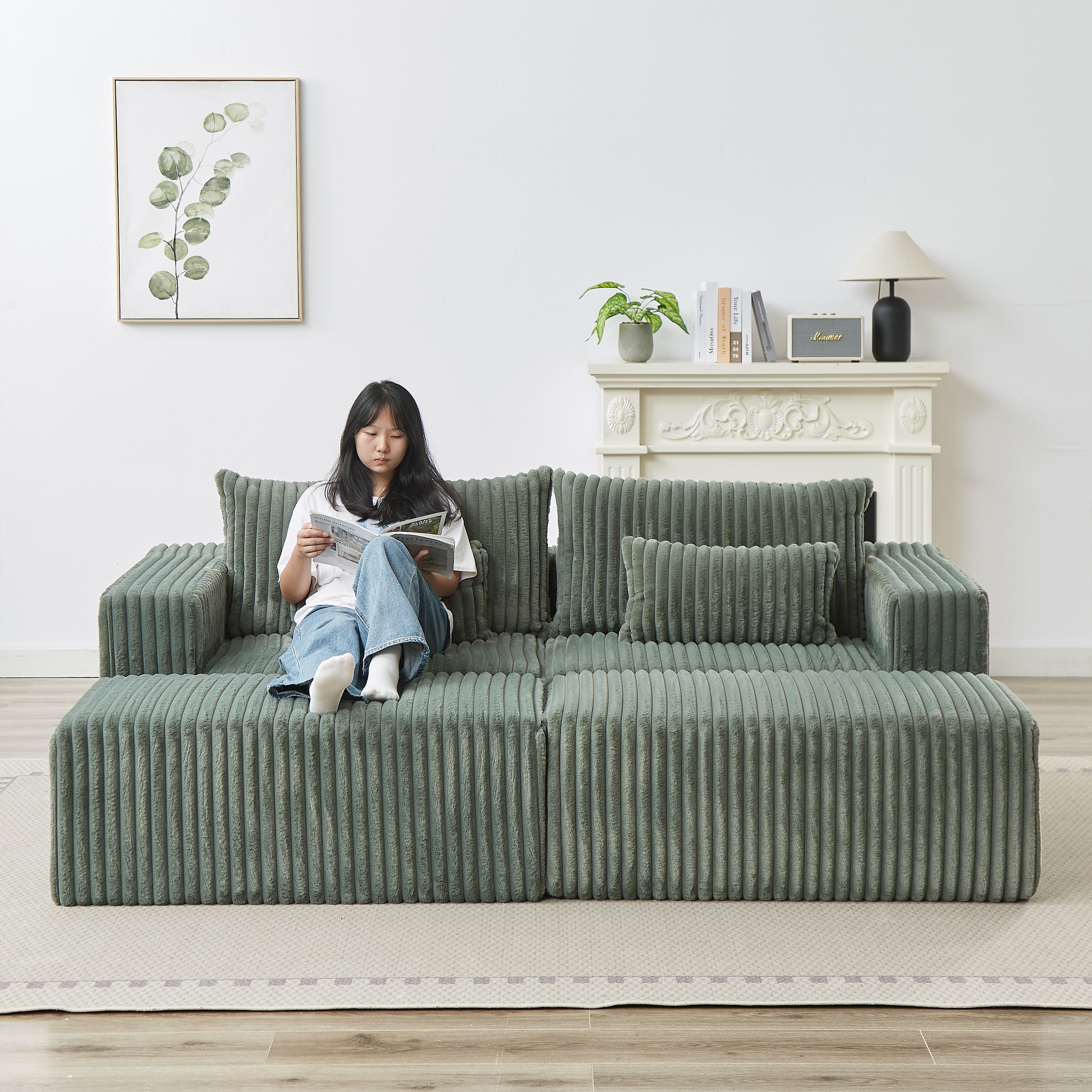 87' Oversized Sectional Lounge Chaise with Plush Corduroy Fabric
