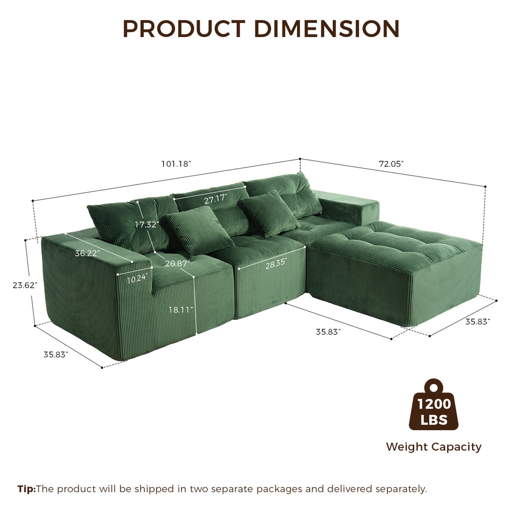 101" L-Shaped Modular Compression Sofa, Green