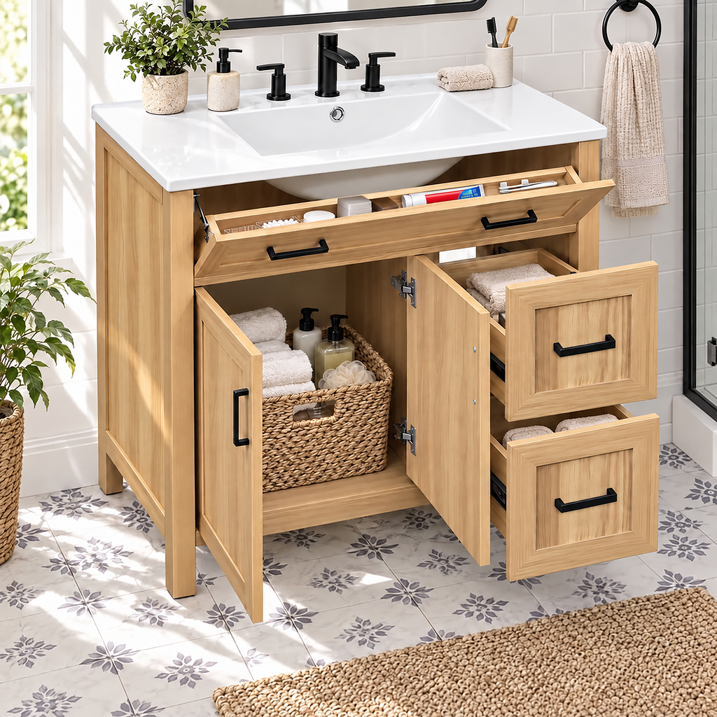 36-Inch Bathroom Vanity with Ceramic Sink, Soft-Close Doors and Drawers, Wood