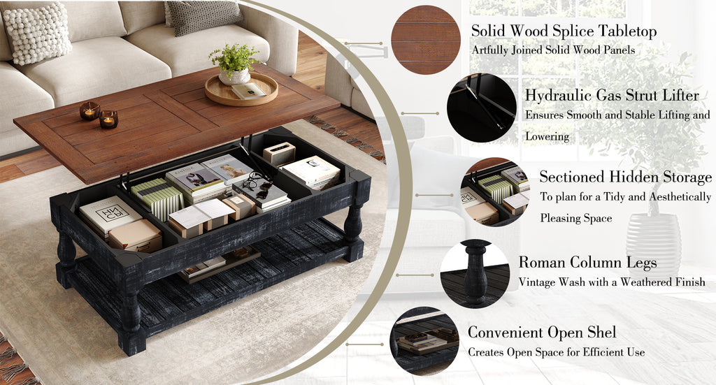 Retro Lift-Top Coffee Table with Hidden Storage and Lower Shelf, Antique Black