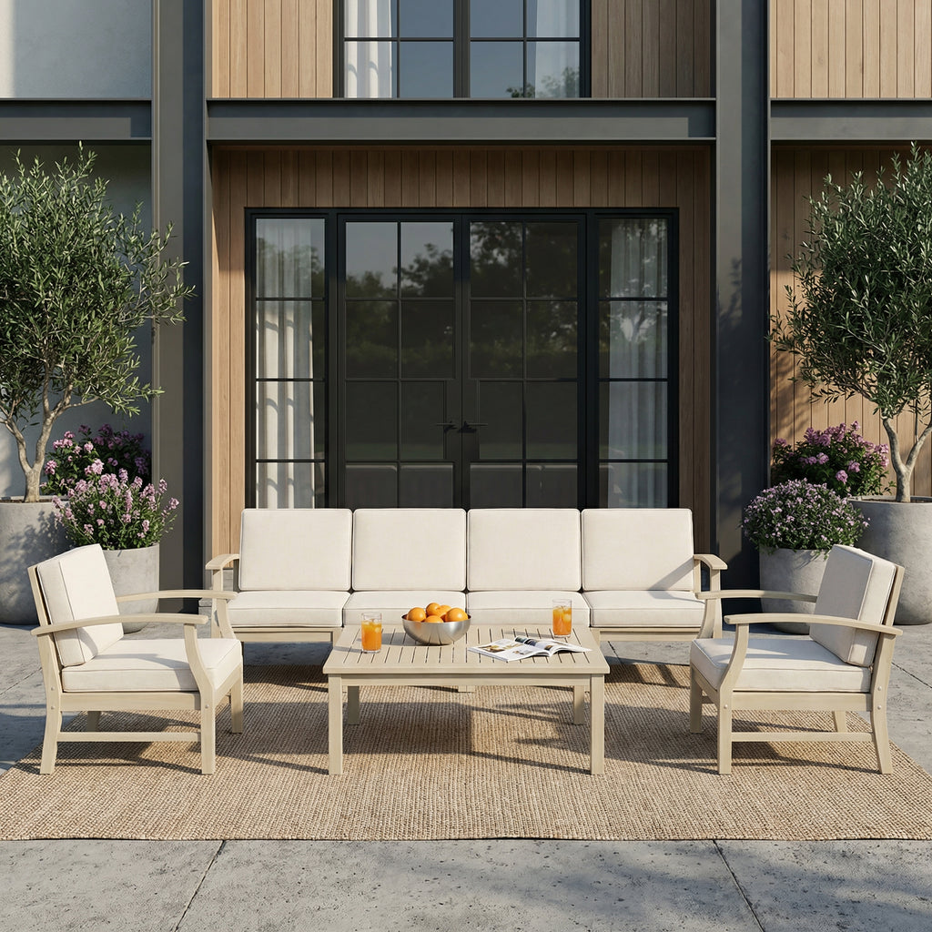 Perla Patio Conversation Set with Sofa, Club Chairs, and Coffee Table