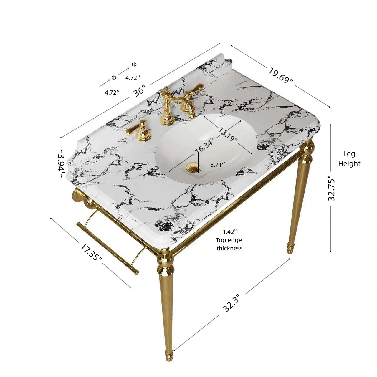 VICI 36" Bathroom Console Sink, Undermount Ceramic Vanity Basin