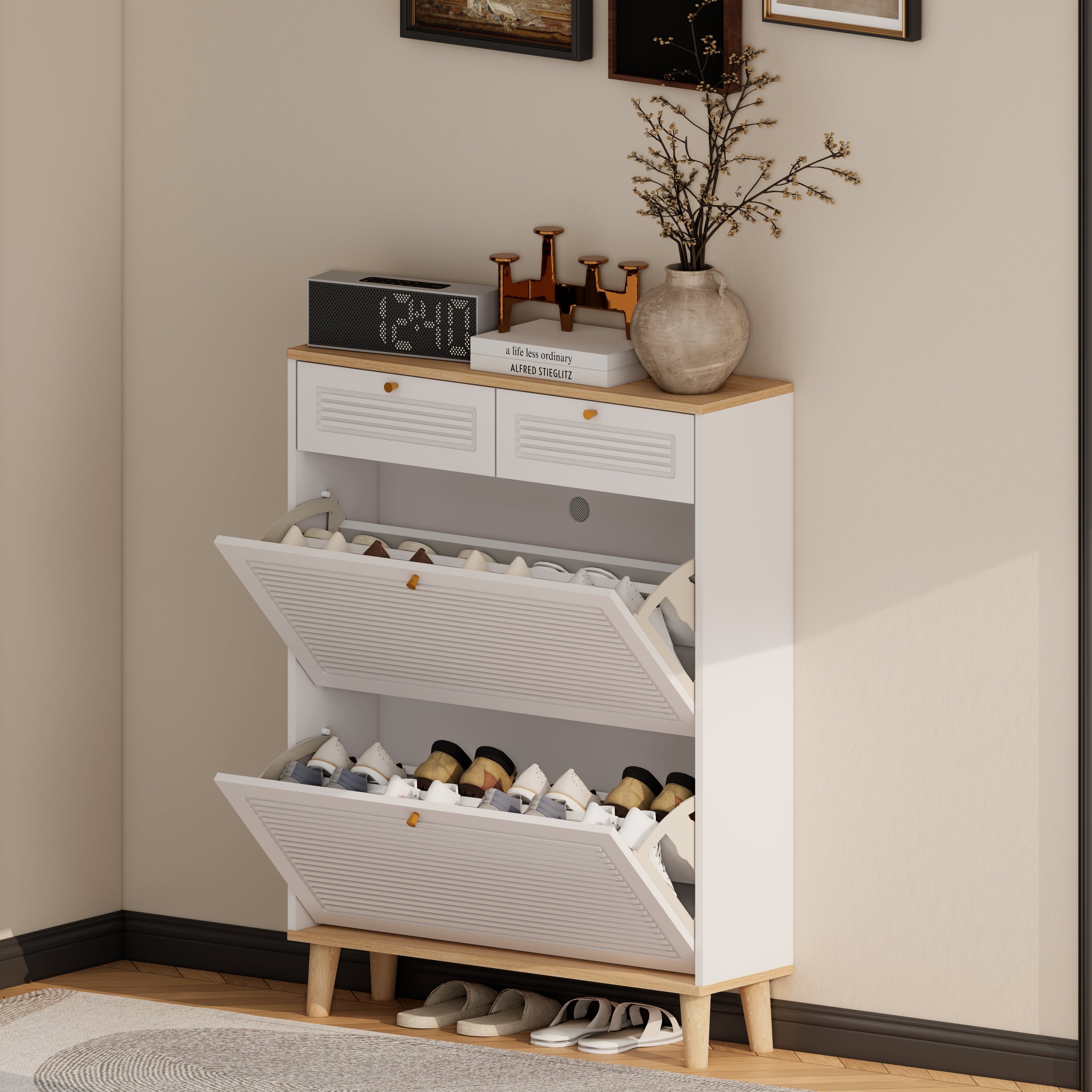 Shoe Cabinet with 2 Flip-Up Doors and Drawers