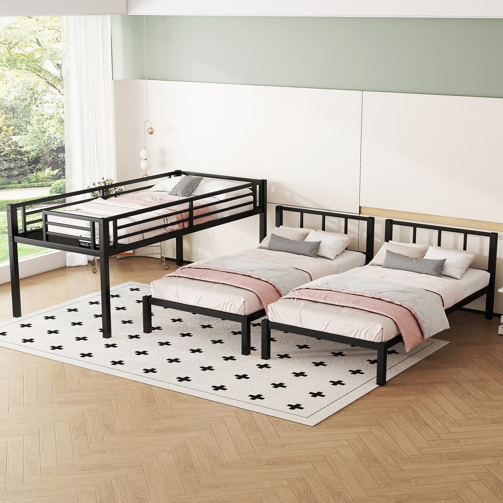 Metal Twin Over Twin & Twin Bunk Bed for 3