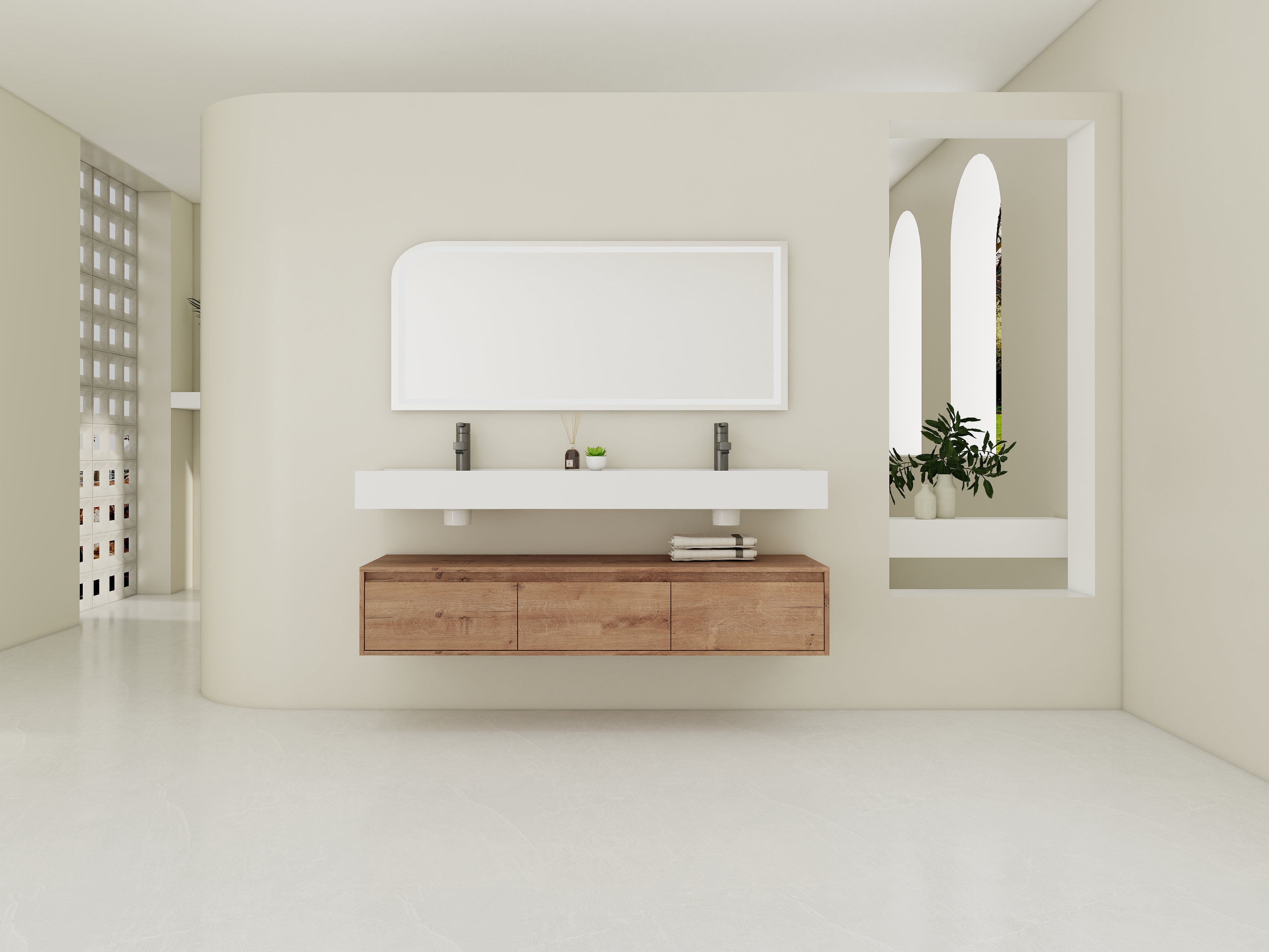 60 Inch Wall-Mounted Bathroom Vanity with Double Resin Sink